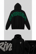 Riverside Hoodie back view with puff chenille lettering