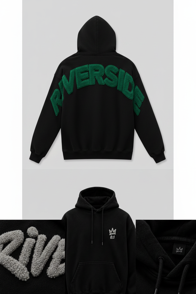 Riverside Hoodie back view with puff chenille lettering