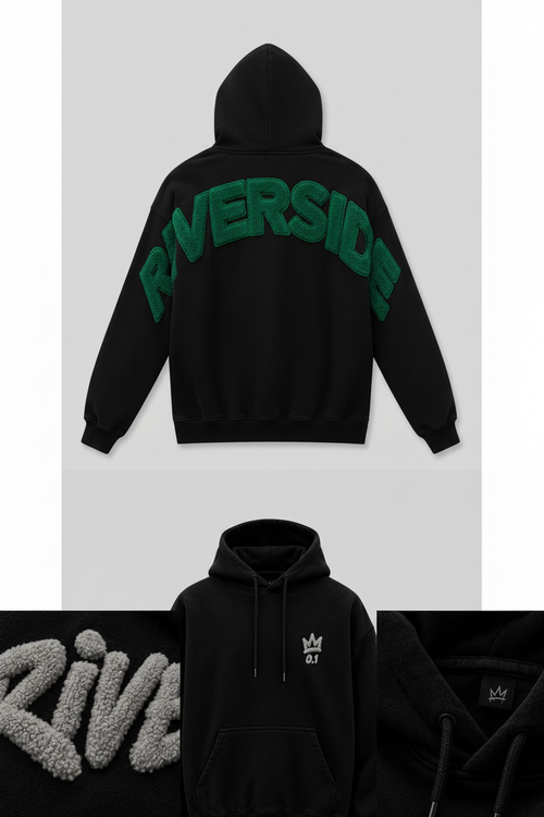 Riverside Hoodie back view with puff chenille lettering